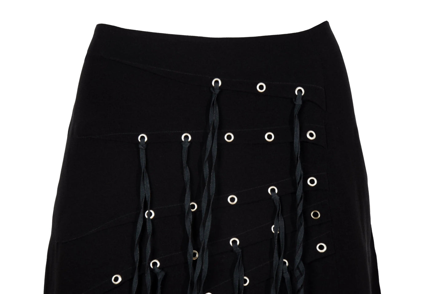 Vintage Jean Colonna black mini skirt with metal eyelets and fabric strips details / Made in Italy