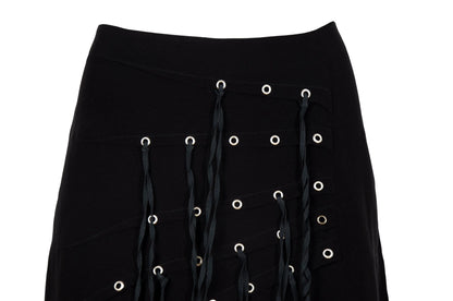 Vintage Jean Colonna black mini skirt with metal eyelets and fabric strips details / Made in Italy