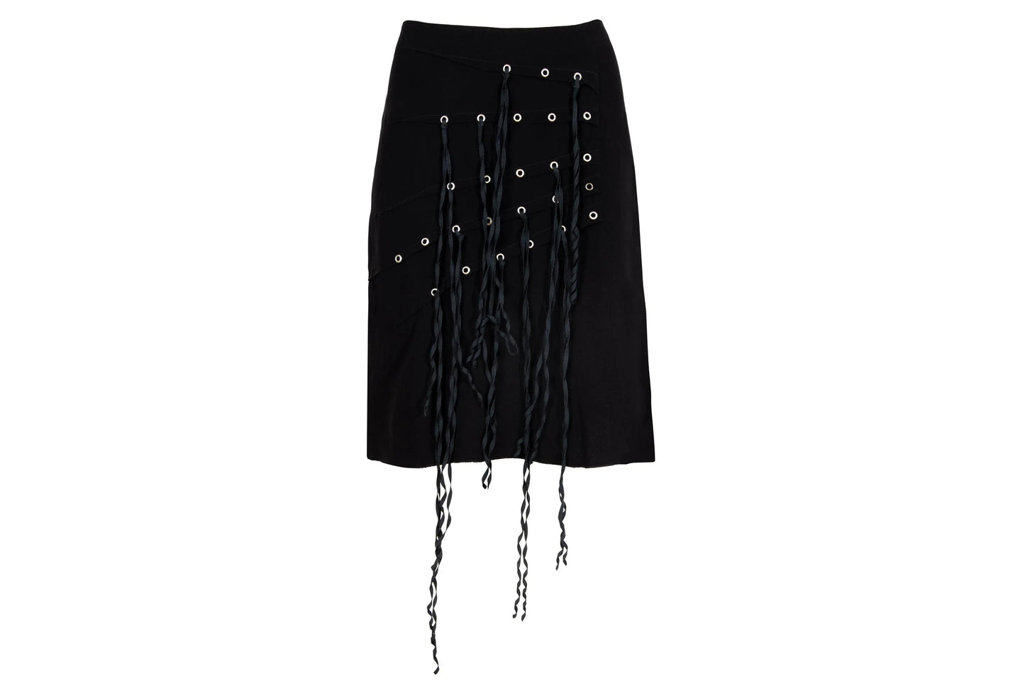 Vintage Jean Colonna black mini skirt with metal eyelets and fabric strips details / Made in Italy