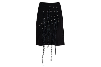 Vintage Jean Colonna black mini skirt with metal eyelets and fabric strips details / Made in Italy