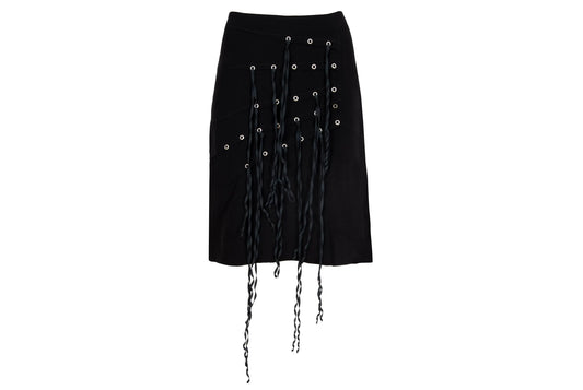 Vintage Jean Colonna black mini skirt with metal eyelets and fabric strips details / Made in Italy