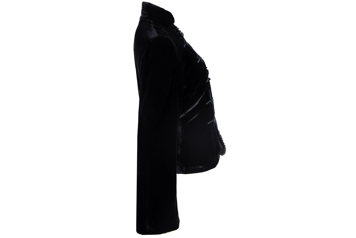 Vintage silk blend black velvet asymmetrical frog closure jacket / Belgian brand silk velvet knot fastener flared sleeves shirt jacket