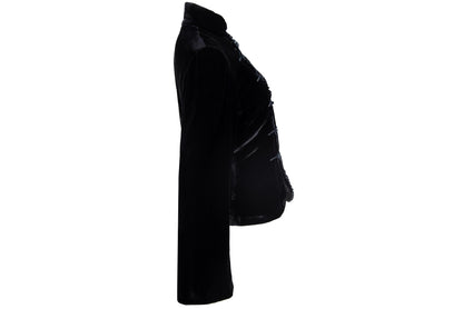 Vintage silk blend black velvet asymmetrical frog closure jacket / Belgian brand silk velvet knot fastener flared sleeves shirt jacket