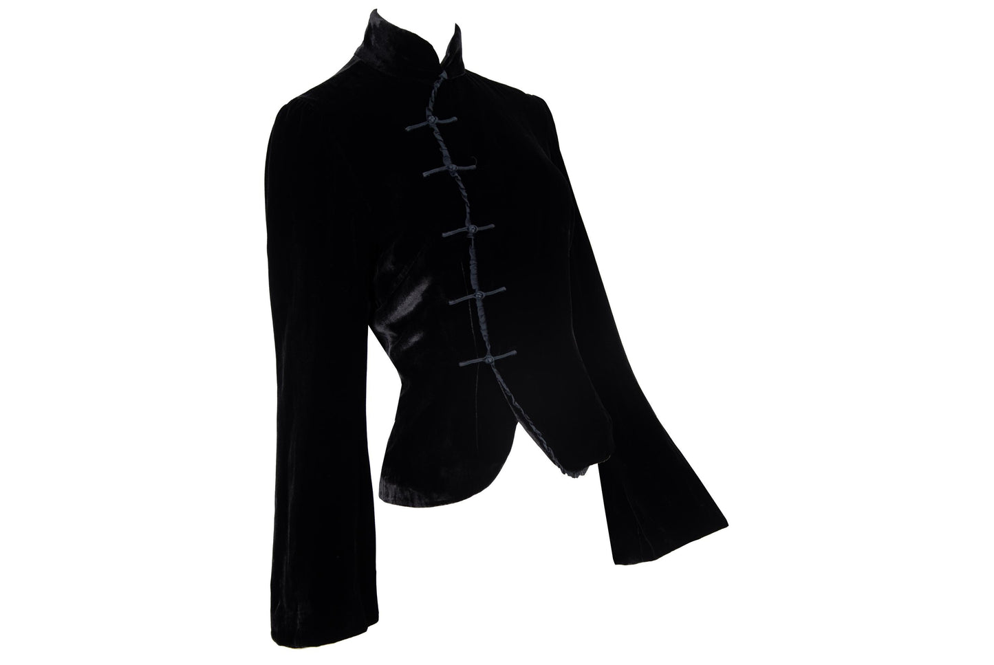 Vintage silk blend black velvet asymmetrical frog closure jacket / Belgian brand silk velvet knot fastener flared sleeves shirt jacket