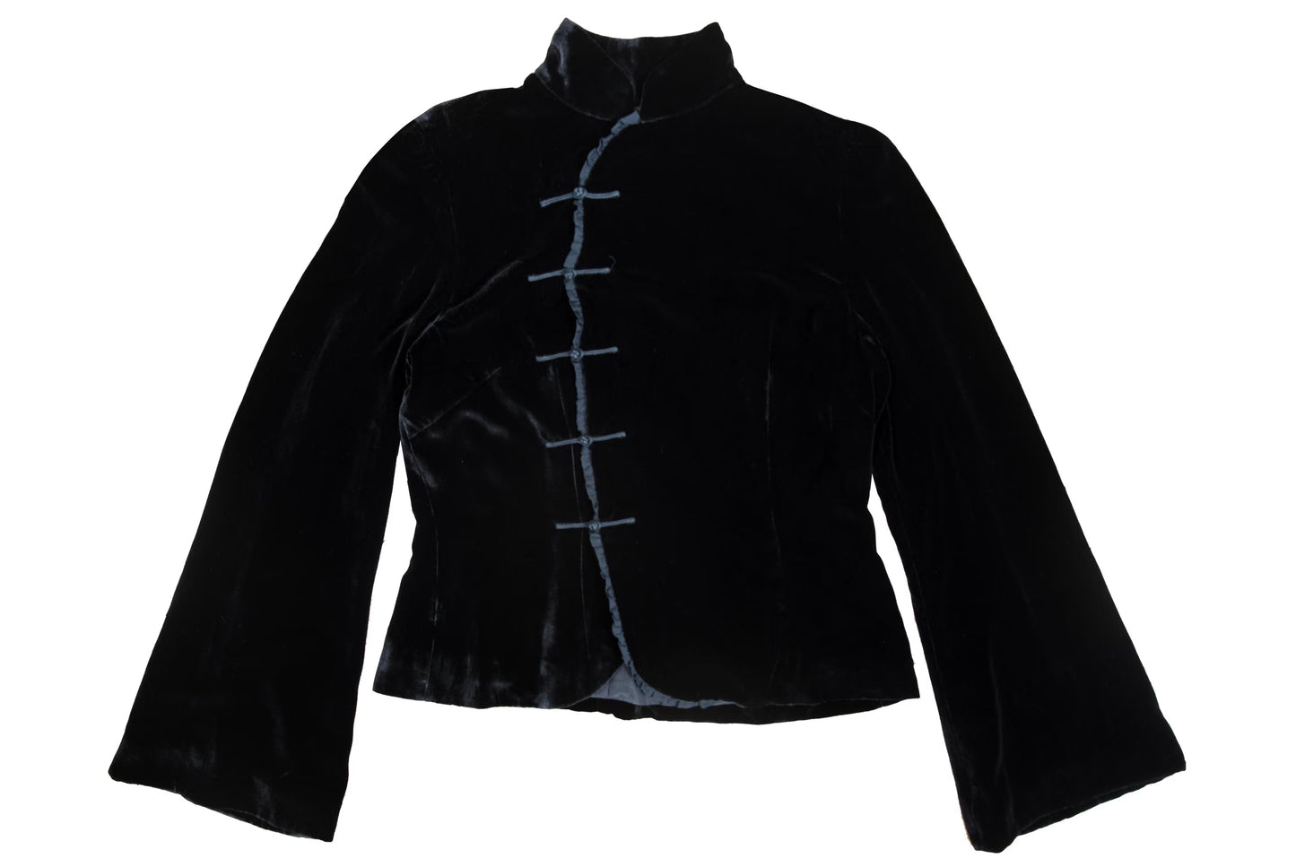 Vintage silk blend black velvet asymmetrical frog closure jacket / Belgian brand silk velvet knot fastener flared sleeves shirt jacket