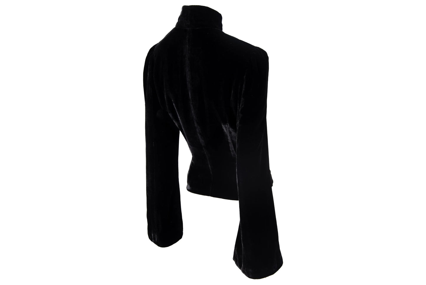 Vintage silk blend black velvet asymmetrical frog closure jacket / Belgian brand silk velvet knot fastener flared sleeves shirt jacket