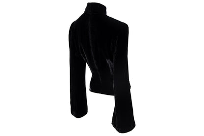 Vintage silk blend black velvet asymmetrical frog closure jacket / Belgian brand silk velvet knot fastener flared sleeves shirt jacket