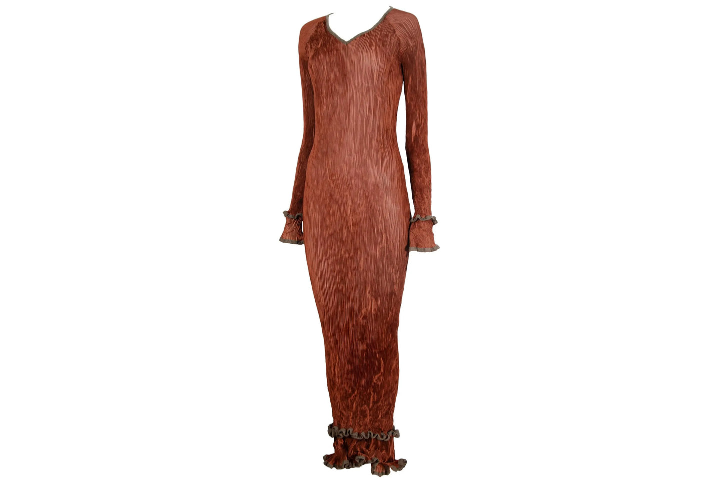 90s Kaat Tilley pleated maxi dress / Rust permanent pleats Belgian designer long dress / Made in Belgium