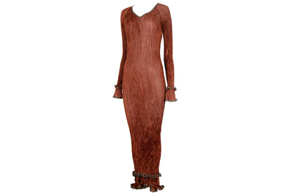 90s Kaat Tilley pleated maxi dress / Rust permanent pleats Belgian designer long dress / Made in Belgium