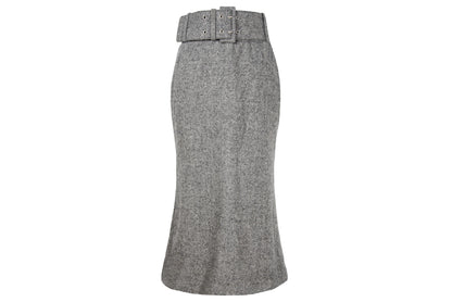 Vintage Antonio Berardi grey tweed wool skirt / High waisted skirt with oversized buckle belt