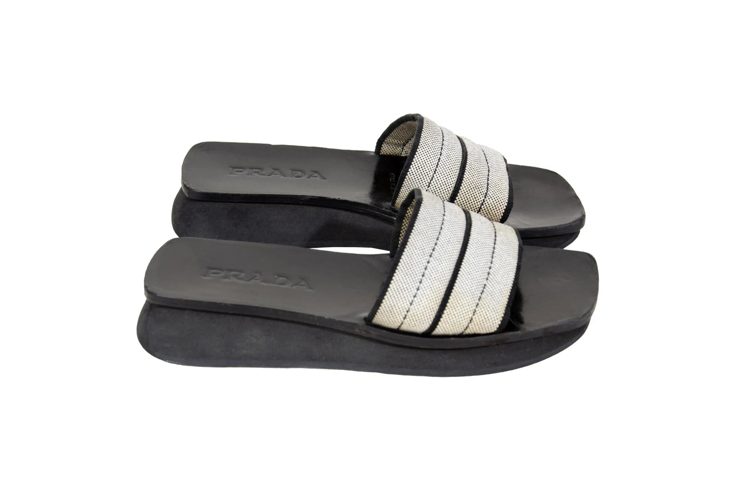 S/S 1999 Prada platform slides / 90s archive Prada tweed chunky sole mules / Made in Italy
