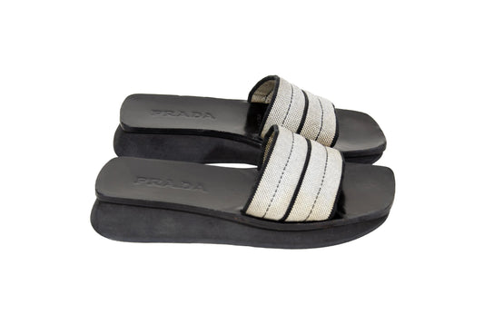 S/S 1999 Prada platform slides / 90s archive Prada tweed chunky sole mules / Made in Italy