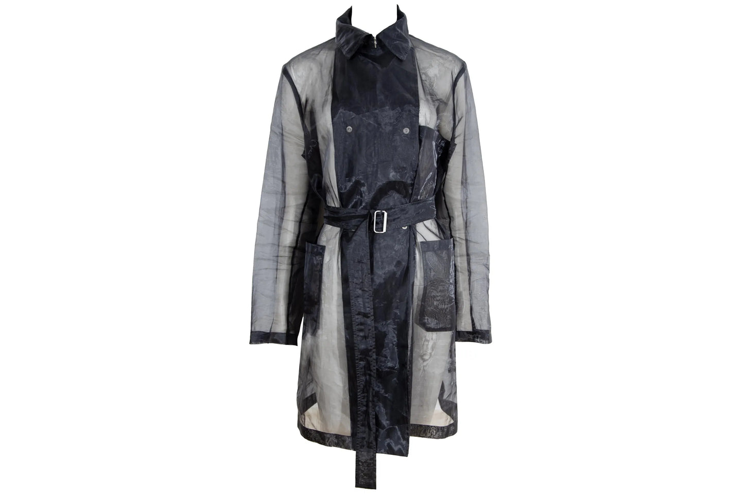 Vintage Jil Sander Raf Simons sheer black double breasted trench coat / Made in Italy