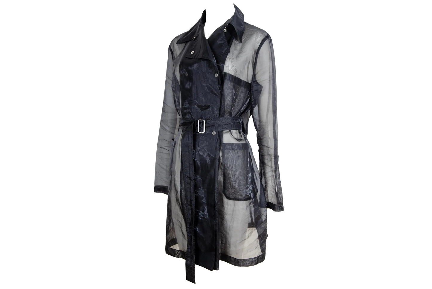 Vintage Jil Sander Raf Simons sheer black double breasted trench coat / Made in Italy