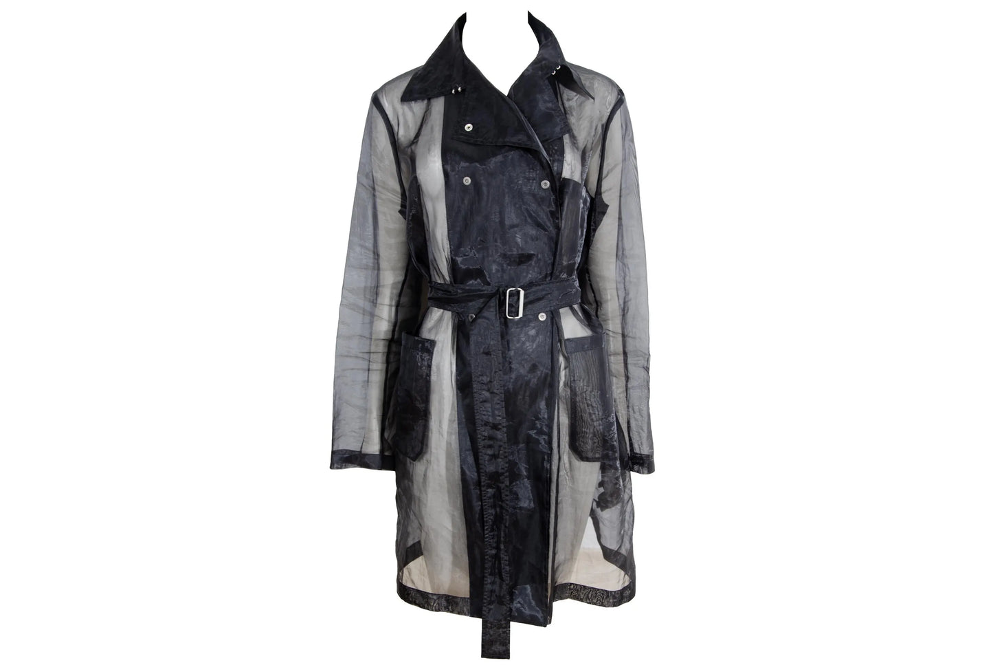Vintage Jil Sander Raf Simons sheer black double breasted trench coat / Made in Italy
