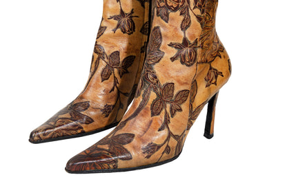 Vintage David Ackerman tooled leather high heel boots / French designer tan leather flower design tall boots / Made in France