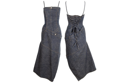 Vintage French brand denim corset asymmetrical dress / Avant garde dress with lace up corset back / Made in France