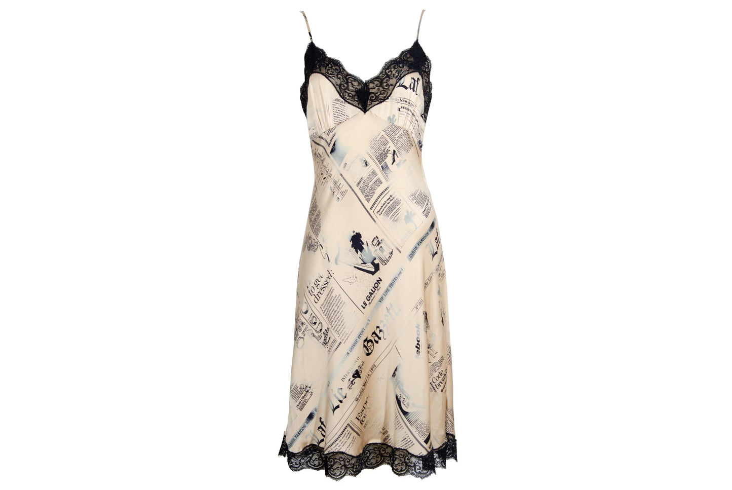 Vintage 100% silk newspaper print lace trim slip dress / Italian brand pure silk gazette print mini dress / Made in Italy