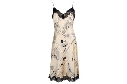Vintage 100% silk newspaper print lace trim slip dress / Italian brand pure silk gazette print mini dress / Made in Italy
