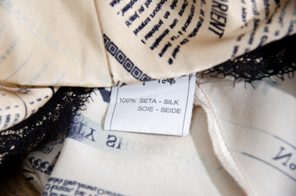 Vintage 100% silk newspaper print lace trim slip dress / Italian brand pure silk gazette print mini dress / Made in Italy