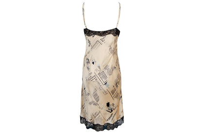 Vintage 100% silk newspaper print lace trim slip dress / Italian brand pure silk gazette print mini dress / Made in Italy