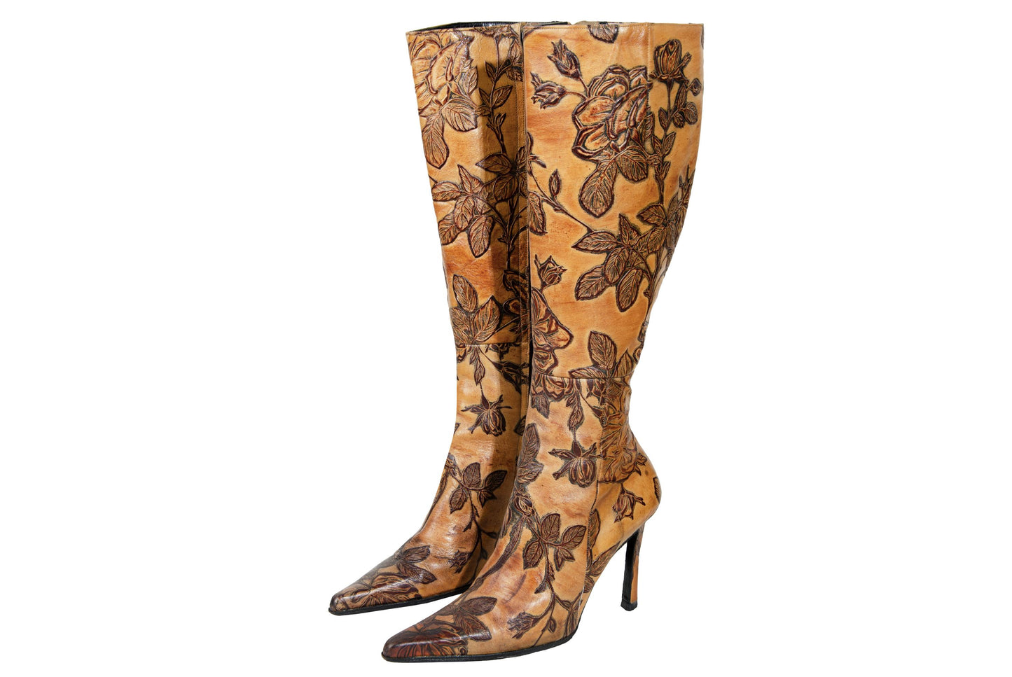 Vintage David Ackerman tooled leather high heel boots / French designer tan leather flower design tall boots / Made in France