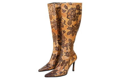 Vintage David Ackerman tooled leather high heel boots / French designer tan leather flower design tall boots / Made in France
