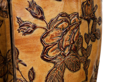 Vintage David Ackerman tooled leather high heel boots / French designer tan leather flower design tall boots / Made in France