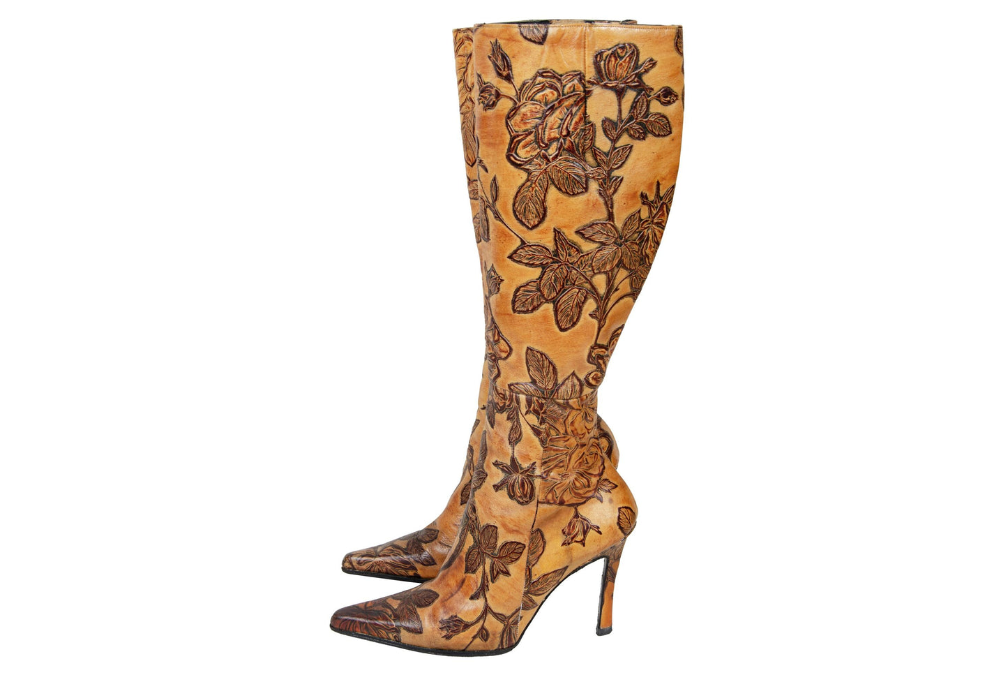 Vintage David Ackerman tooled leather high heel boots / French designer tan leather flower design tall boots / Made in France