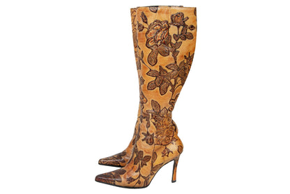 Vintage David Ackerman tooled leather high heel boots / French designer tan leather flower design tall boots / Made in France