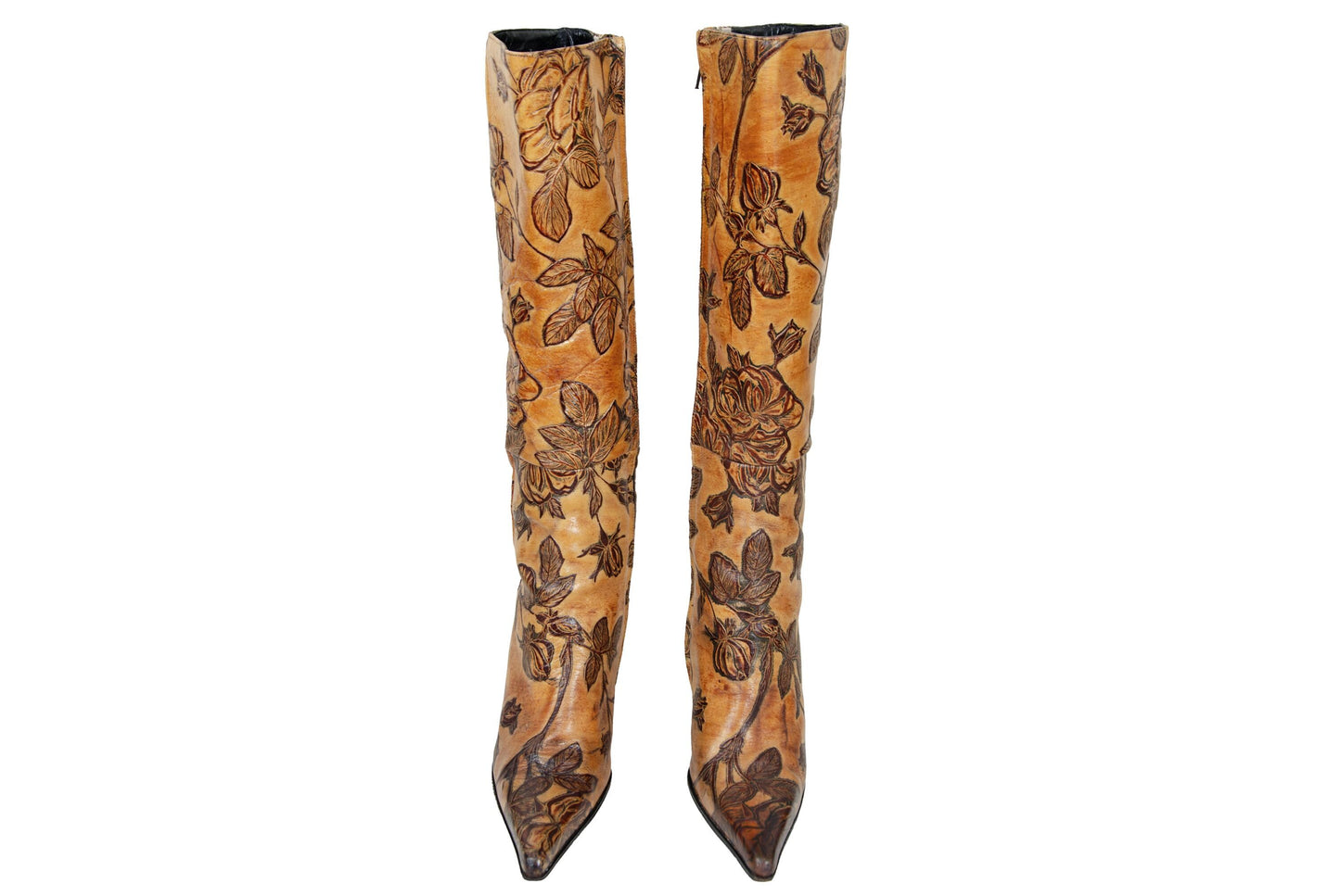 Vintage David Ackerman tooled leather high heel boots / French designer tan leather flower design tall boots / Made in France