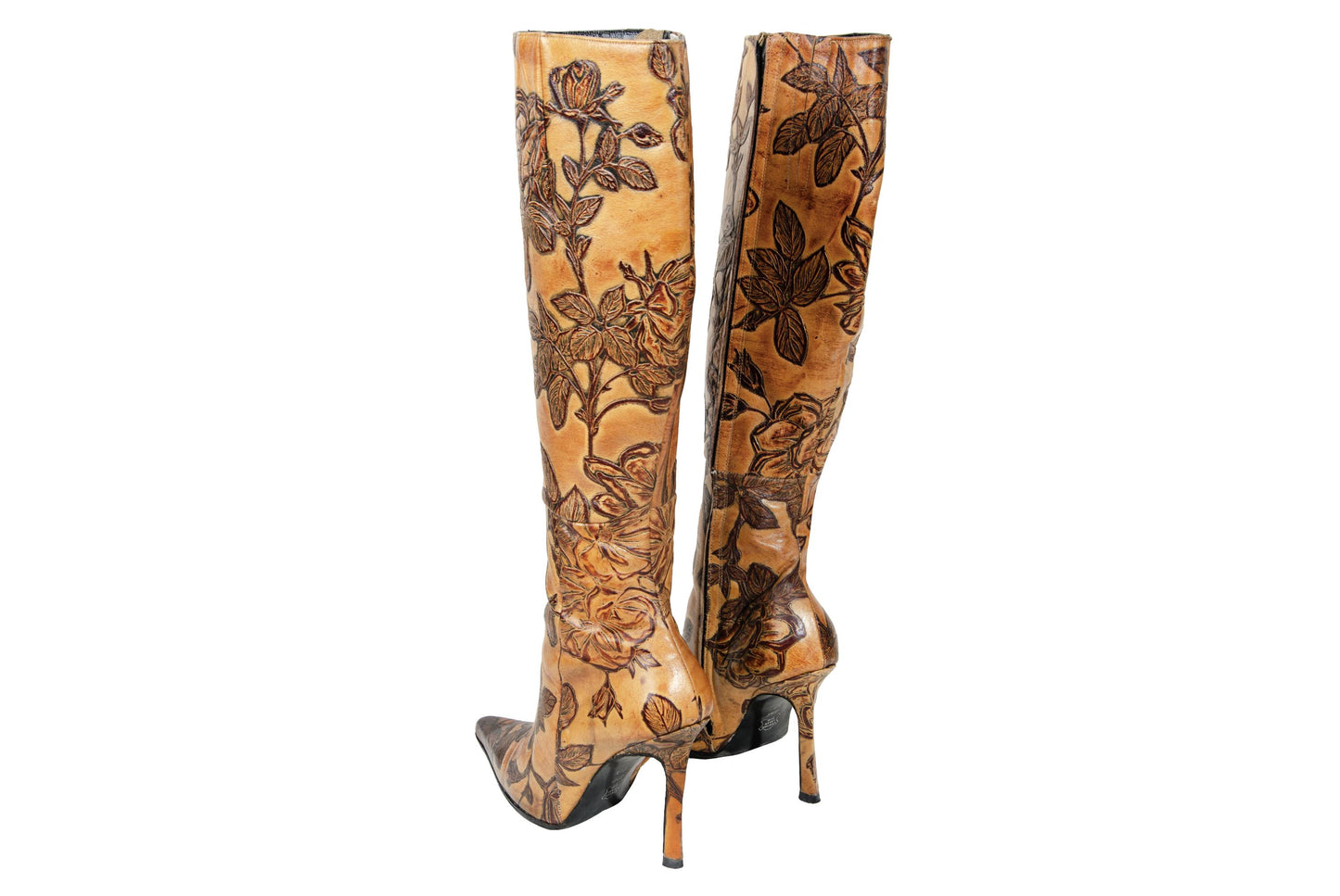 Vintage David Ackerman tooled leather high heel boots / French designer tan leather flower design tall boots / Made in France