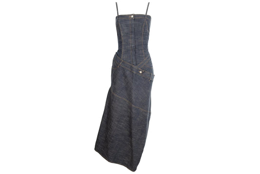 Vintage French brand denim corset asymmetrical dress / Avant garde dress with lace up corset back / Made in France