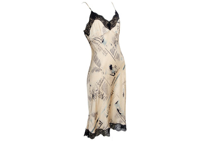 Vintage 100% silk newspaper print lace trim slip dress / Italian brand pure silk gazette print mini dress / Made in Italy