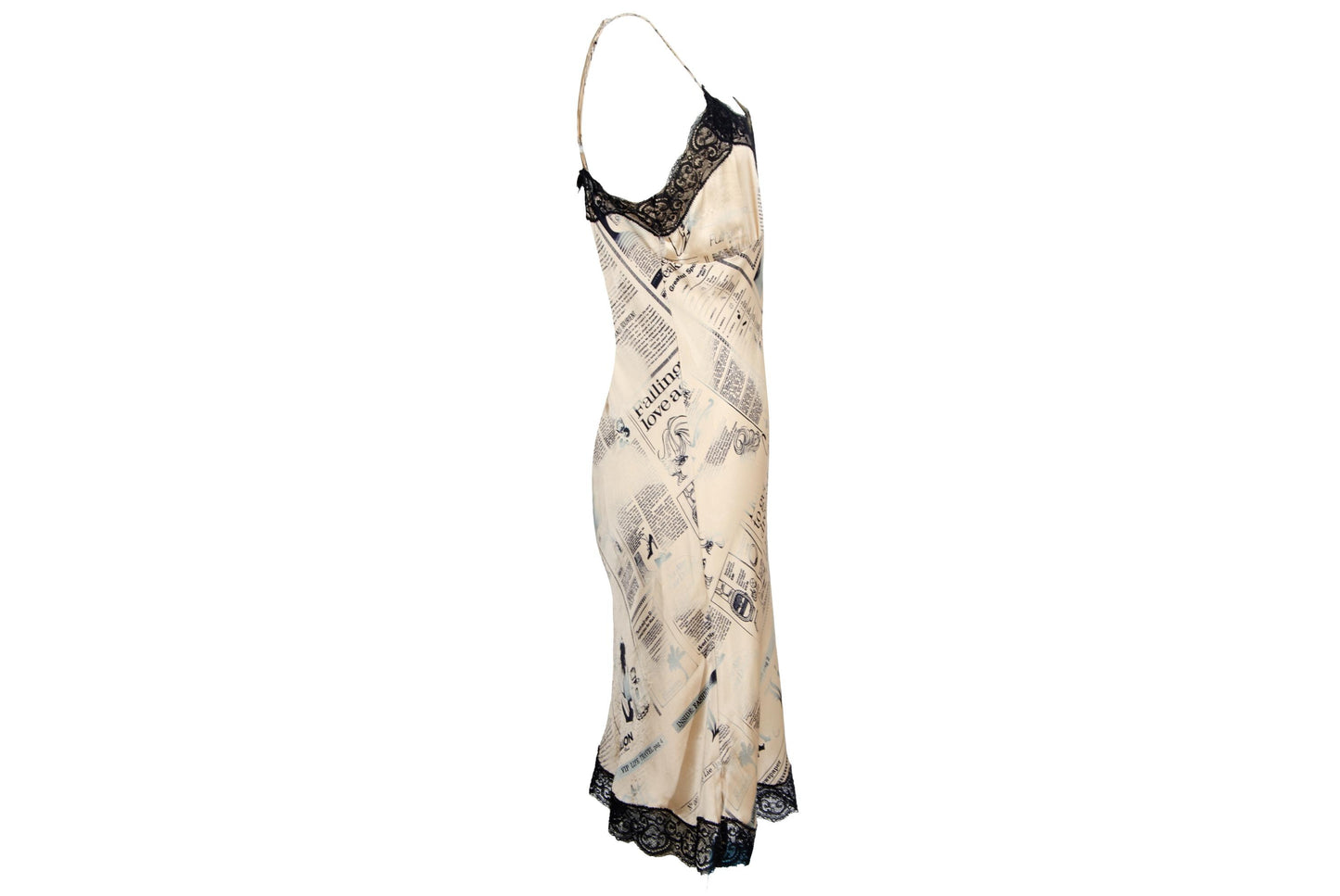 Vintage 100% silk newspaper print lace trim slip dress / Italian brand pure silk gazette print mini dress / Made in Italy