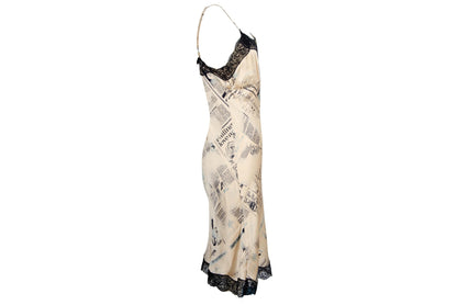 Vintage 100% silk newspaper print lace trim slip dress / Italian brand pure silk gazette print mini dress / Made in Italy