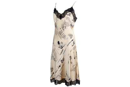 Vintage 100% silk newspaper print lace trim slip dress / Italian brand pure silk gazette print mini dress / Made in Italy
