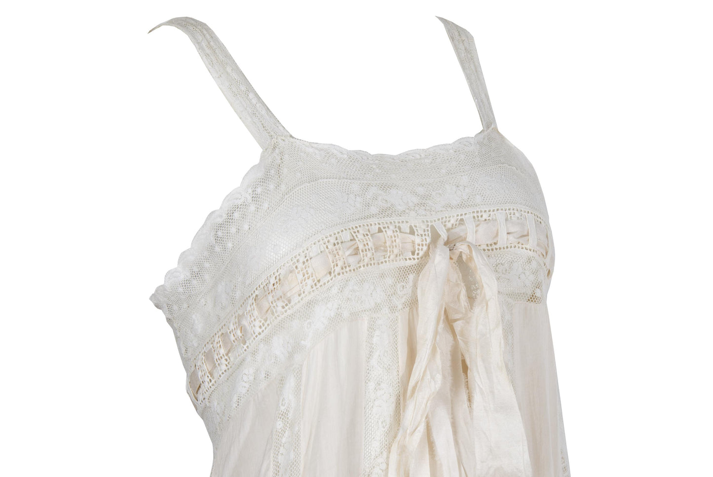 Early 1900s French antique delicate lace and cotton nightgown with silk bow
