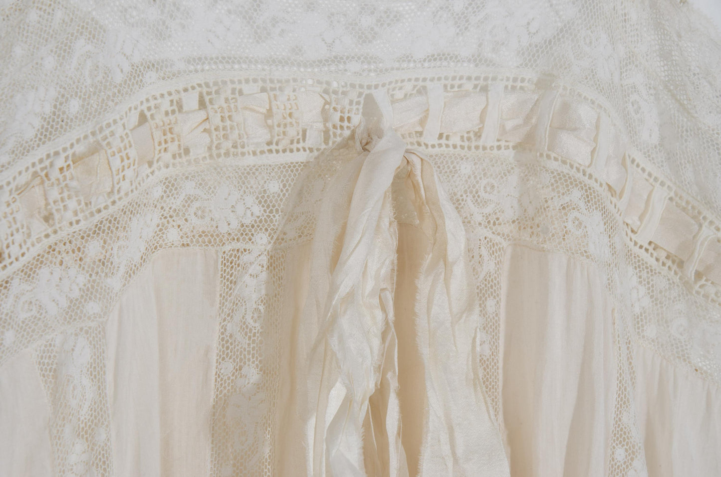 Early 1900s French antique delicate lace and cotton nightgown with silk bow
