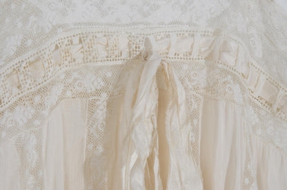 Early 1900s French antique delicate lace and cotton nightgown with silk bow