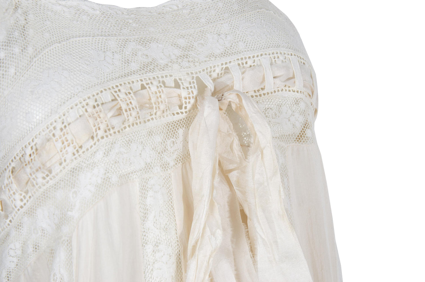 Early 1900s French antique delicate lace and cotton nightgown with silk bow