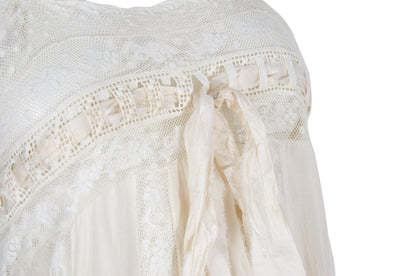 Early 1900s French antique delicate lace and cotton nightgown with silk bow
