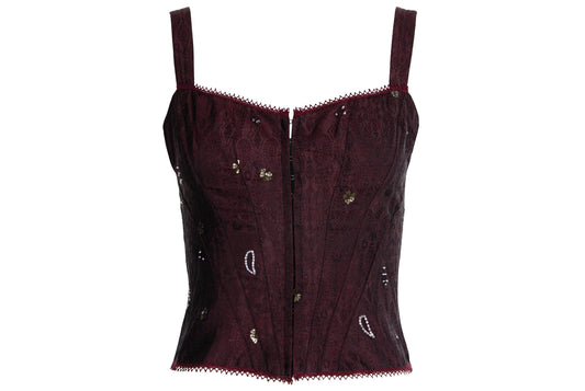 90s Corinne Sarrut 100% silk artisan made corset hand embroidered with glass beads / Made in Italy