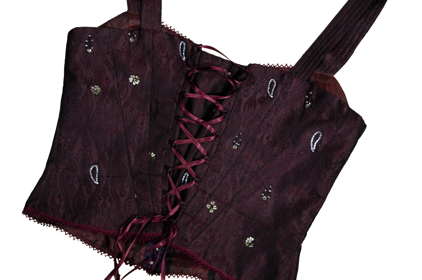 90s Corinne Sarrut 100% silk artisan made corset hand embroidered with glass beads / Made in Italy