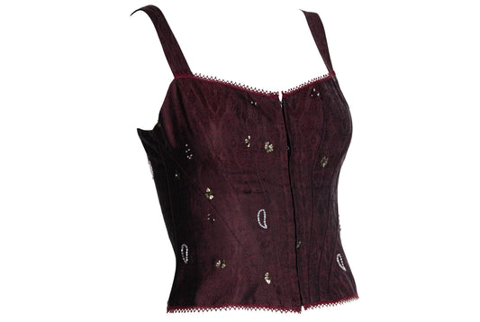90s Corinne Sarrut 100% silk artisan made corset hand embroidered with glass beads / Made in Italy