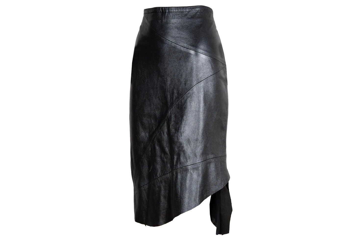 Fatima Lopes Vintage 2000s Black Leather Skirt – Avant-Garde asymmetrical raw natural hem leather skirt