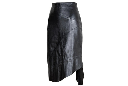 Fatima Lopes Vintage 2000s Black Leather Skirt – Avant-Garde asymmetrical raw natural hem leather skirt
