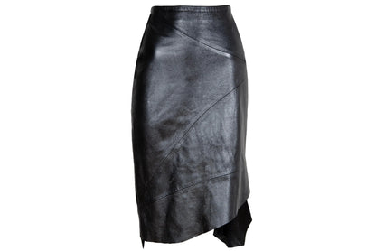 Fatima Lopes Vintage 2000s Black Leather Skirt – Avant-Garde asymmetrical raw natural hem leather skirt