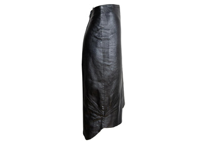 Fatima Lopes Vintage 2000s Black Leather Skirt – Avant-Garde asymmetrical raw natural hem leather skirt