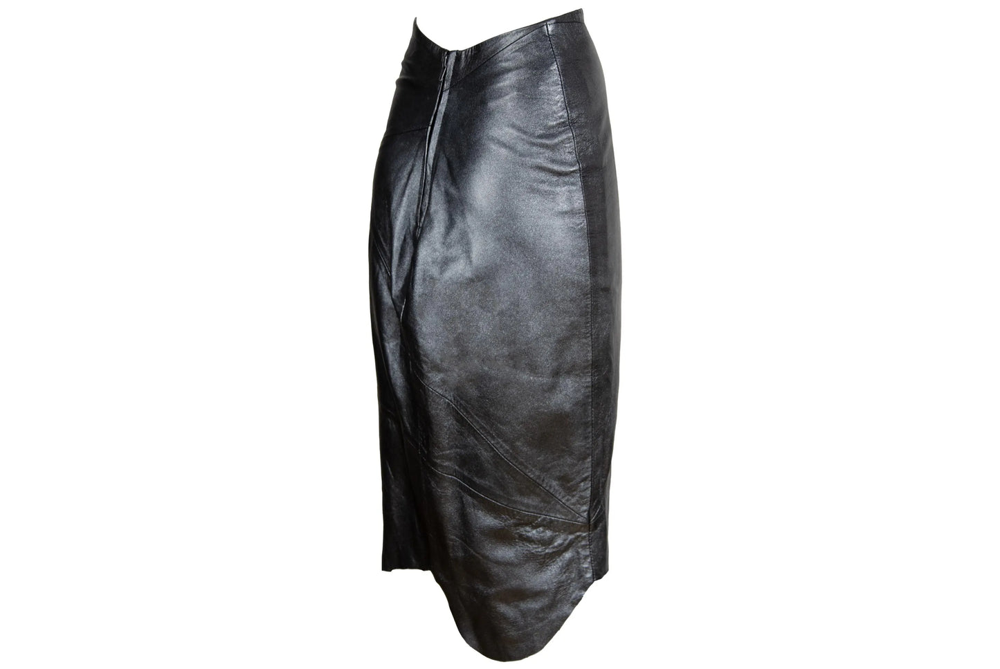 Fatima Lopes Vintage 2000s Black Leather Skirt – Avant-Garde asymmetrical raw natural hem leather skirt